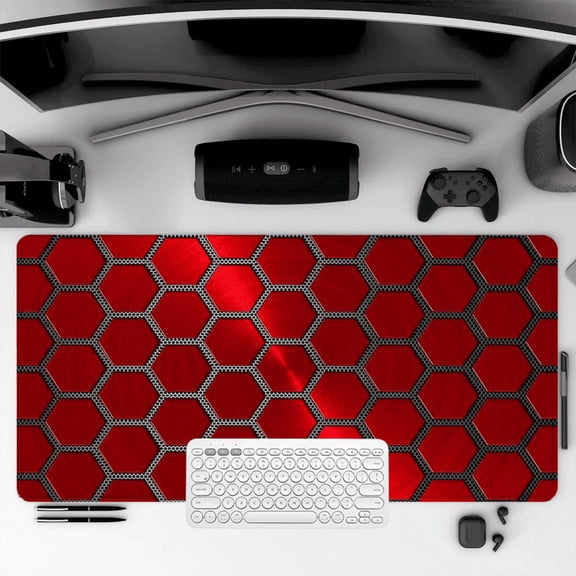Red Hexagon Design Mouse Pad 35.4 x 15.8 inches Rubber Surface for Office and Gaming Desks