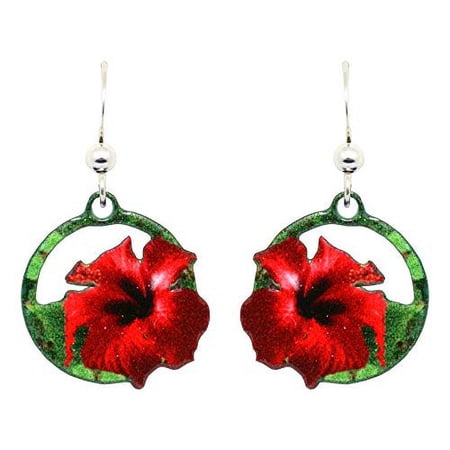 Red Hibiscus Earrings by d'ears Non-Tarnish Sterling Silver French Hook Ear Wire
