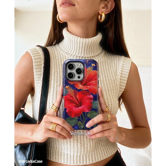 Red Hibiscus Floral Phone Case Fits iPhone Samsung Protective Hard Shell Tropical Botanical Flower