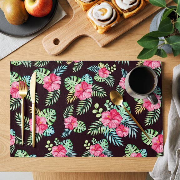 Red Hibiscus Floral Placemats Set of 6 Summer Tropical Green Monstera Palm Leaf Black Heat Insulation Non-Slip Place Mats Washable Table Mats for Dining room Party Kitchen Decor, 13 x 19 Inches