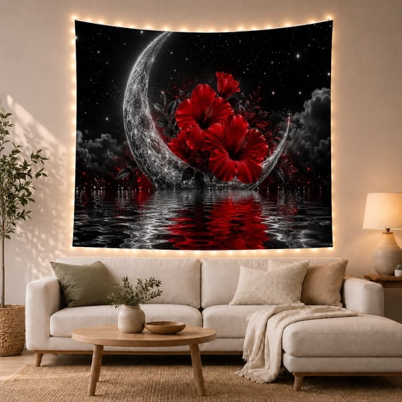 Red Hibiscus Flowers Before Crescent Moon Dramatic Gothic Style for Flower Lovers Dark Floral Decor Valentine's Day Gift Tapestry Wall Hanging for Bedroom, Living Room and Dorm