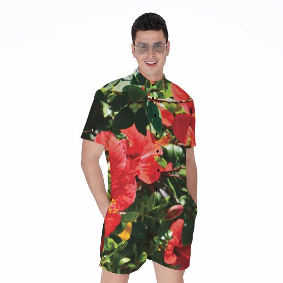 Red Hibiscus Flowers Short Sleeve Men'S Rompers, Tropical Floral Hawaiian Casual Summer Jumpsuits Outfit