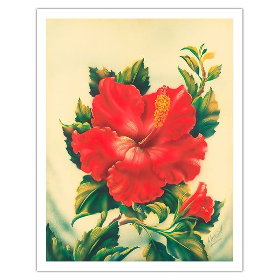 Red Hibiscus Hawai’i - Vintage Hawaiian Airbrush Art by Ted Mundorff c.1940s - Fine Art Matte Paper Print (Unframed) 11x14in