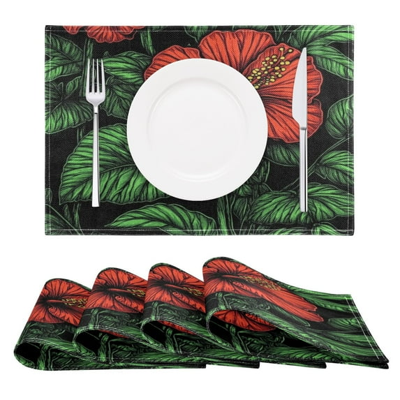 Red Hibiscus Illustration Reversible Placemat Non Slip Coffee Mat 18x12 Inch for Dining, Kitchen, Coffee