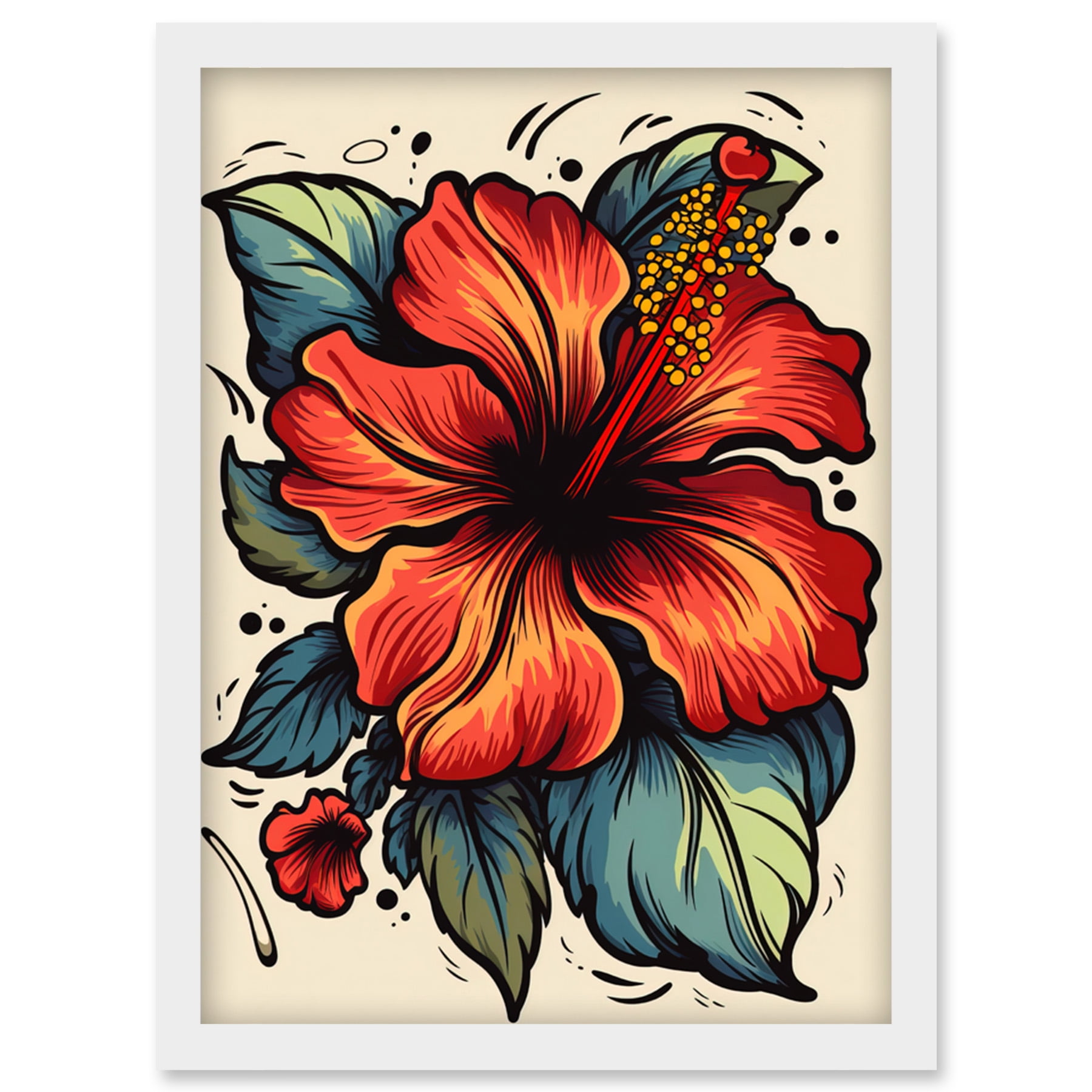 Red Hibiscus Old School USA Tattoo Ink Body Art Rockabilly Americana 50s Artwork Framed Wall Art