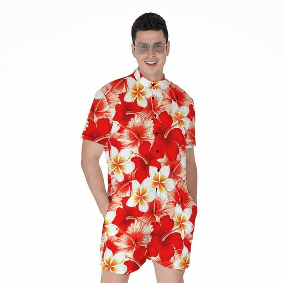 Red Hibiscus Plumeria Pattern Short Sleeve Men'S Rompers, Aloha Tropical Hawaiian Casual Summer Jumpsuits Outfit