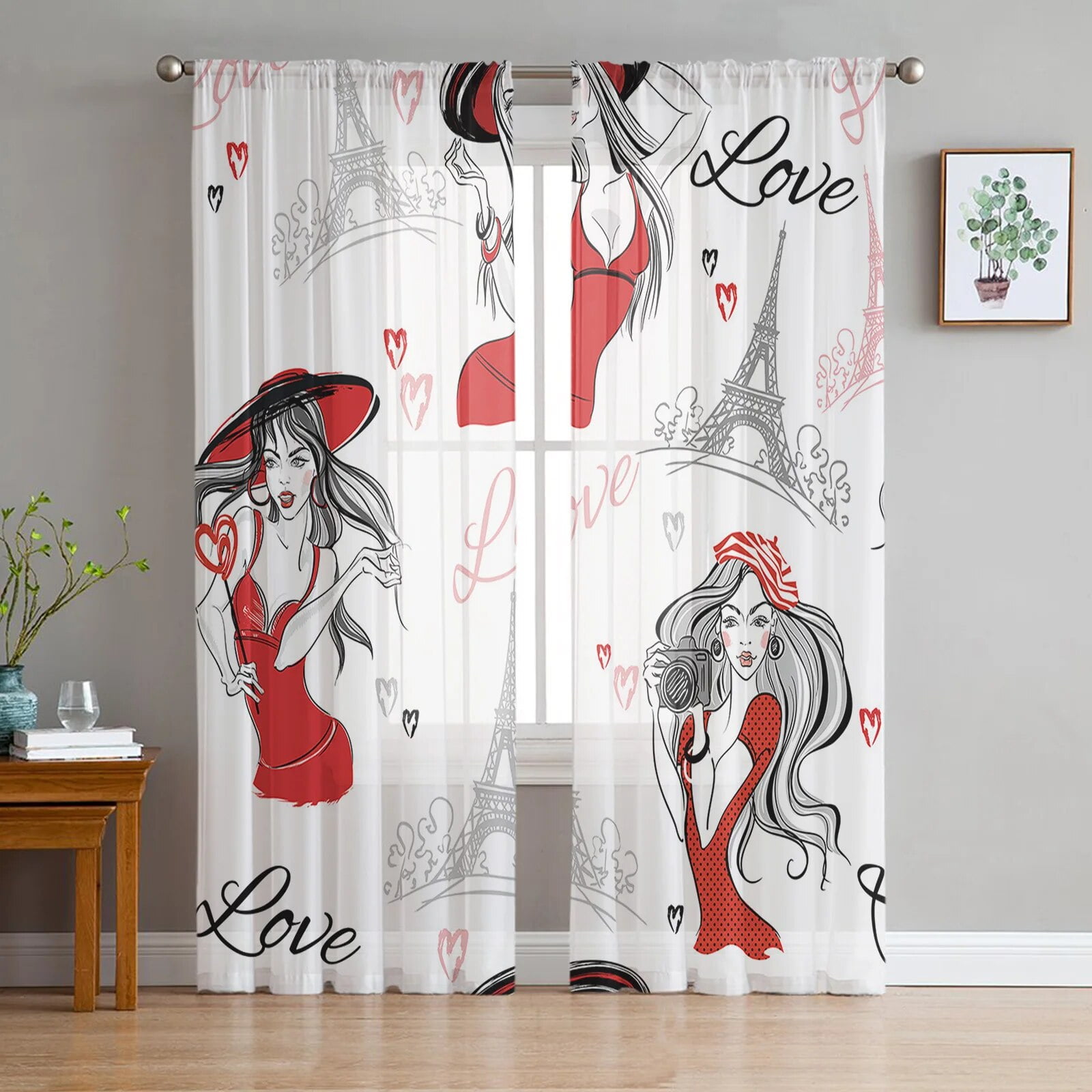 Red High Heels Eiffel Tower Butterfly Tulle Curtains for Bedroom Modern
