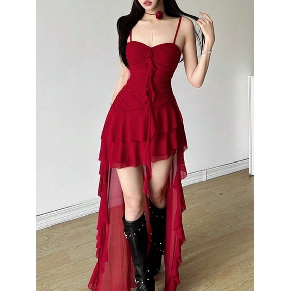 Red High-Low Ruched Tiered Mini Dress With Spaghetti Straps And Sheer Overlay