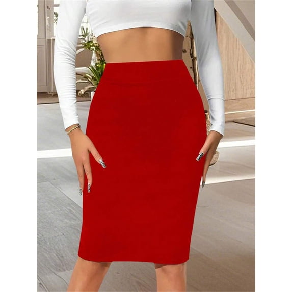 Red High-Waisted Bodycon Pencil Skirt Slim Fit Midi Length Solid Color