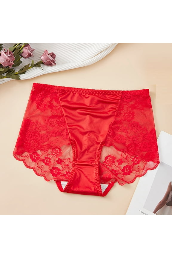Red High Waisted Lace Panties Womens Tummy Control Seamless Breathable Lingerie Plus Size,Size 4XL