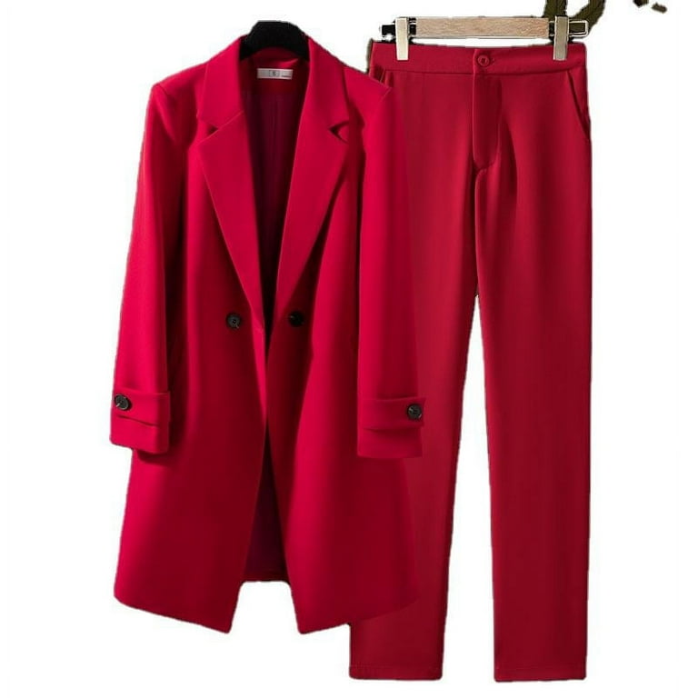 Red High quality formal 2 Piece Long Coat Pant Suit Blazer Office Lady Uniform Design Women Business Jacket with Trouser Walmart