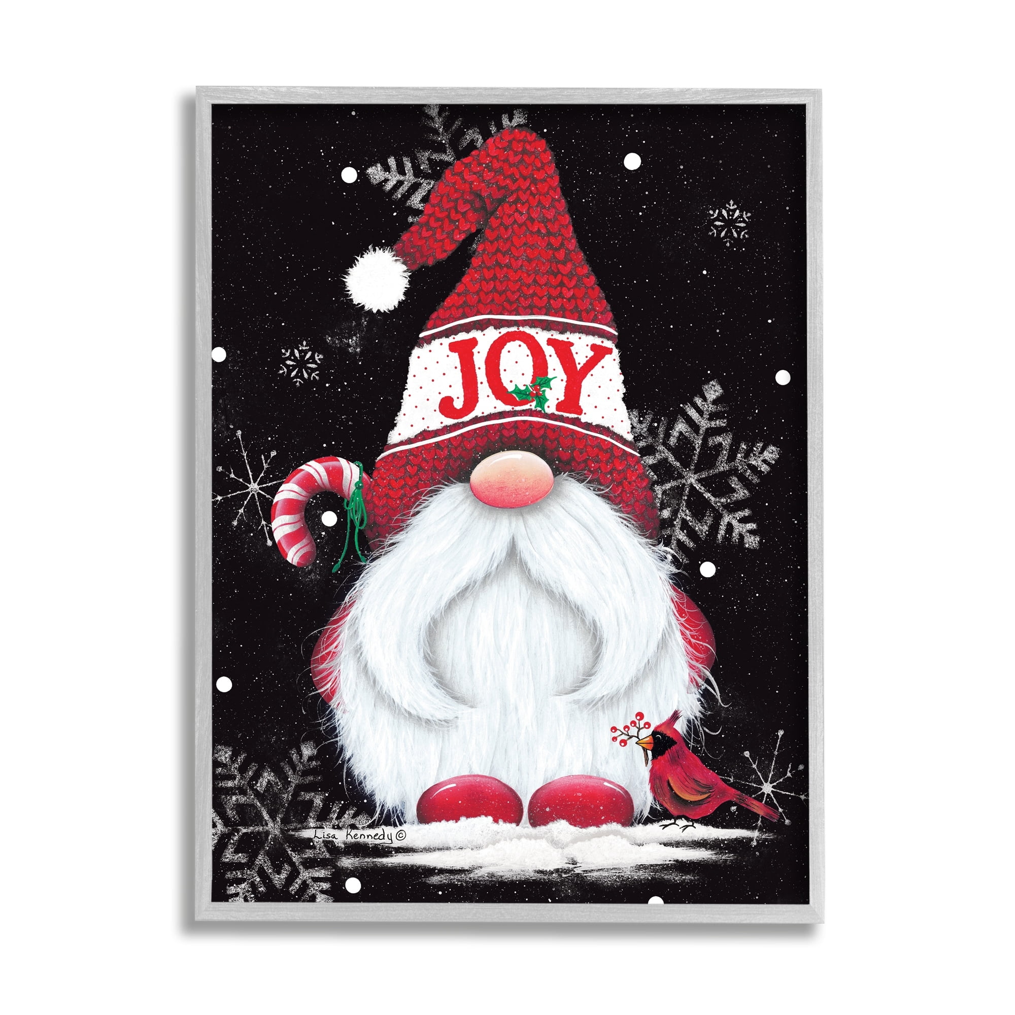 Red Holiday Gnome Candy Cane Snowflakes Pattern Fairy Tales & Fantasy Graphic Art Framed Art Print Wall Art