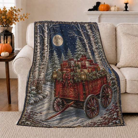 Red Holiday Wagon in Snowy Pine Forest, Nostalgic Winter Style for Christmas Lovers, Vintage Tree Cart Scene and Christmas Gift, Cozy Flannel Blanket for Family Room and Cabin, Home Decor