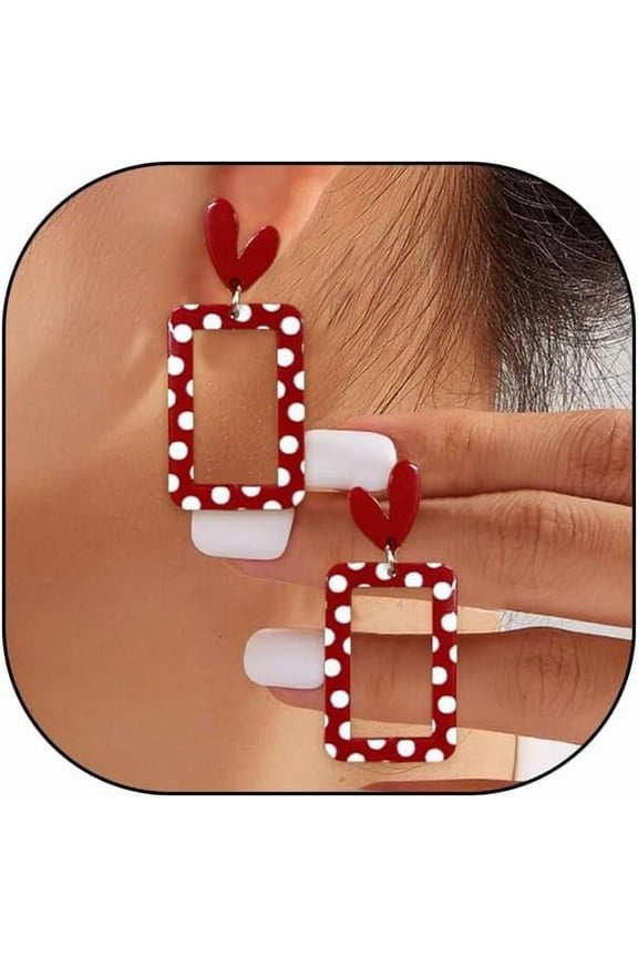 Red Hollow Acrylic Polka Dot Heart Earrings, Sweet Cute Neon Love Dangle Drop Earrings, Funny Valentine's Day Anniversary Jewelry Gift