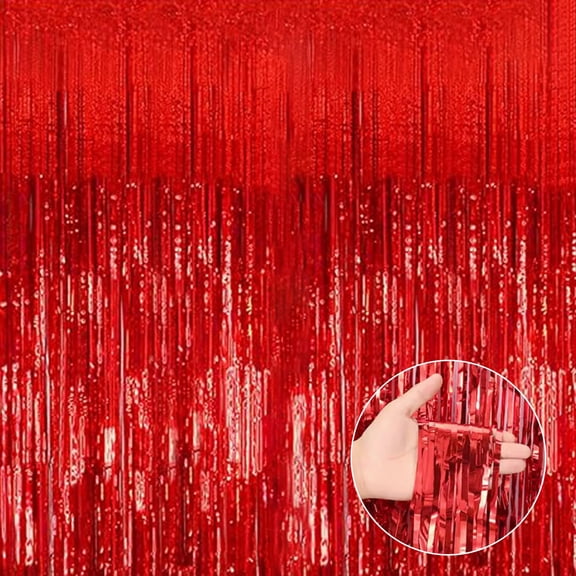 OUTMASTER Red Holographic Foil Fringe Curtain, Wall Door Party Decor, 3.3' x 9.8'.