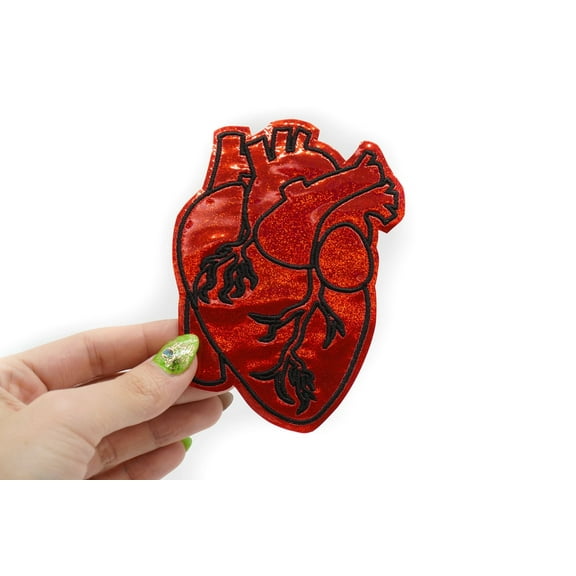 Red Holographic Glitter Anatomical Heart Vinyl Iron On Embroidered Patch