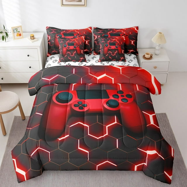 Red Honeycomb Bed in a Bag Queen Comforter Set 7 Piece,Gaming Bedding Sets Gamer Room Decor Sheet Set with Comforter