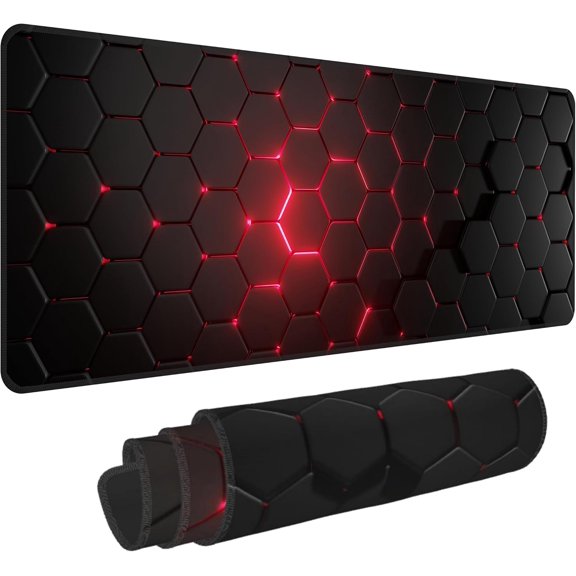 Red Honeycomb Mouse Pad,XL 31.5"x11.8" Big Gaming Mousepad,Geometric Hexagon Large Extended Mouse Mat,Non-Slip Rubber Base Waterproof with Stitched Edges for Gaming Office Home