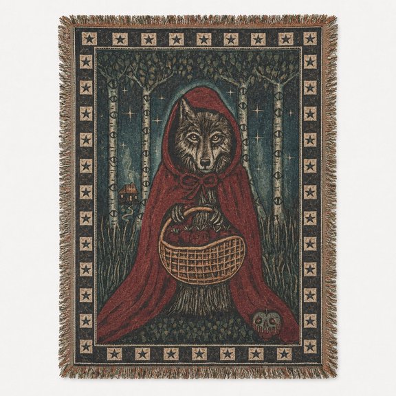 Red Hood Wolf Forest Gothic Woven Throw Blanket, 100% Cotton with Fringed Edges, Home Decor