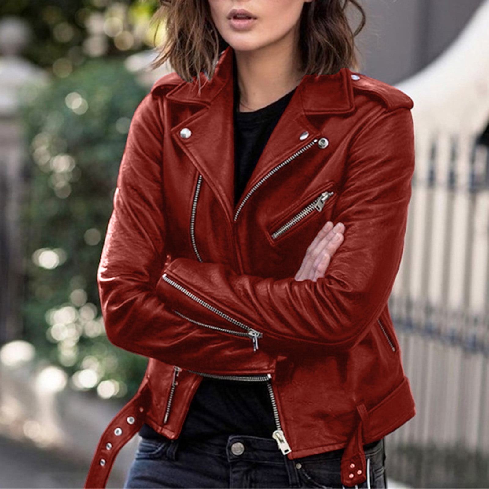 Red Hooded Zipper Coat, Leather Fashion Leisure Coat, Women Plus