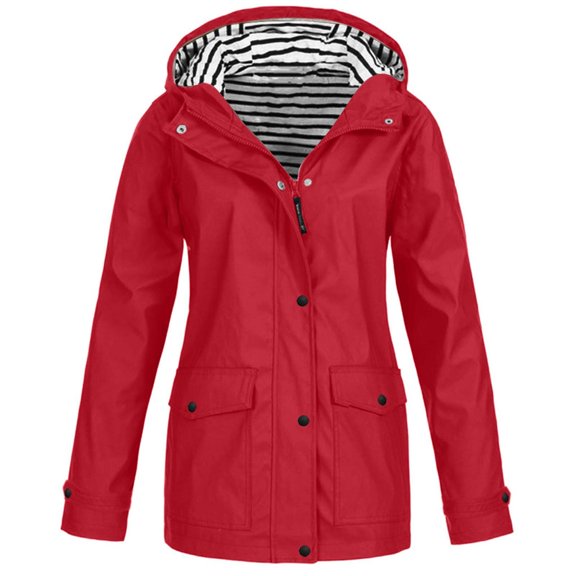 Red Hooded Zipper Coat, Waterproof Fabric Fashion Leisure Coat, Rain Jacket Women Zip Up Casual Hoodies Lightweight Windbreaker Jackets Long Sleeve Coat Travel Jackets, L