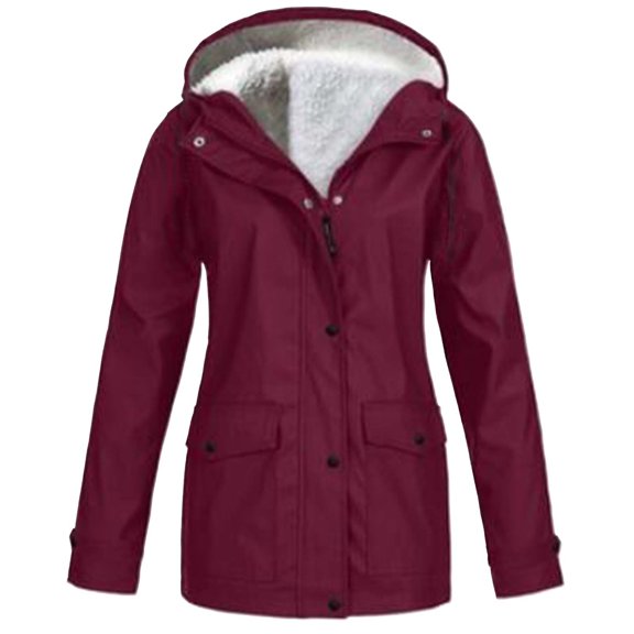 Red Hooded Zipper Coat, Waterproof Fabric Warm Winter Outwear Coats, Plush Rain Jacket Women Zip Up Casual Hoodies Windbreaker Jackets Long Sleeve Coat Travel Jackets, 4XL