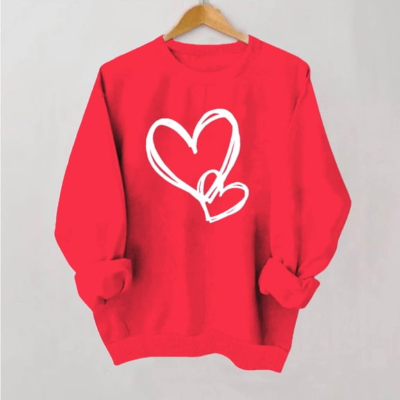 Red Hoodies for Women Valentines Shirt for Women Causal Heart Print Graphic Long Sleeve Oversized Blouse Tops Plus Size Crewneck Sweatshirt Womens Fashion Clothing