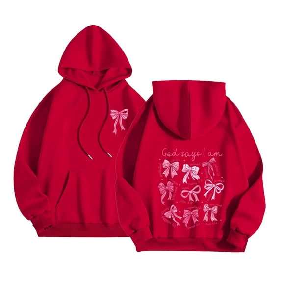 Red Hoodies for Women Bow Hoodie for Women God Says I Am Graphic Bow Hoodies | Oversized Womens Graphic Sweatshirt Long Sleeve Shirt