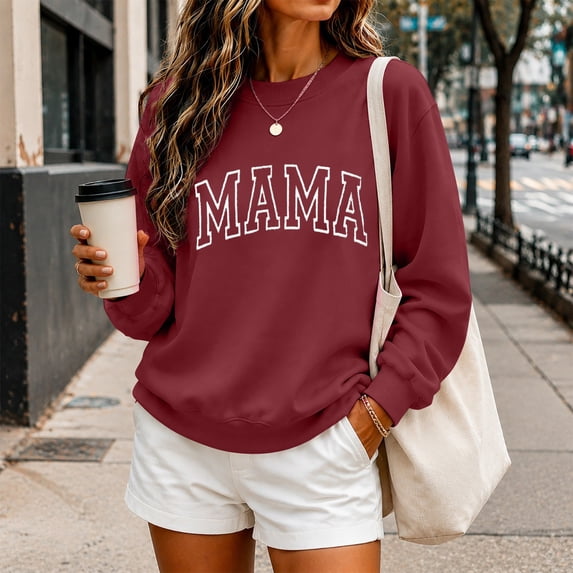 Mama Sweatshirts for Women Embroidered Mama Shirt Oversized Mom Crewneck Pullover Long Sleeve Casual Tops