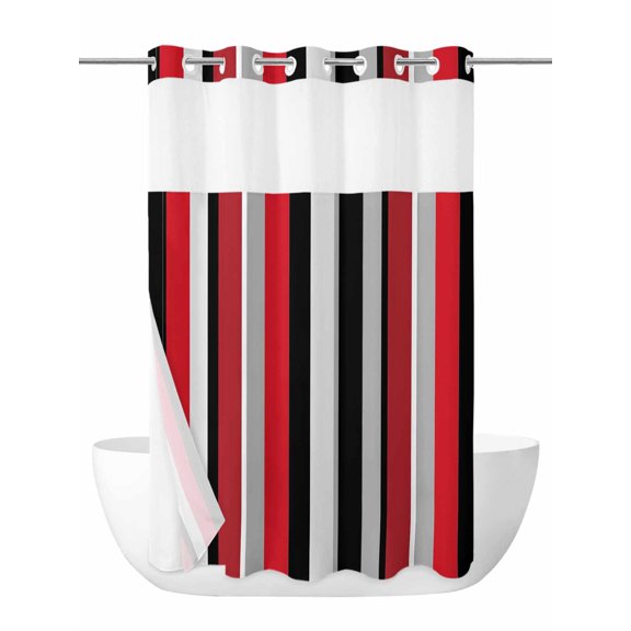 Red and No Hook Shower Curtain and Liner Set Black Striped Abstract Geometric Vertical Stripes Shower Curtains with Snap-in Liner & See Through Top Window Hotel Style for Bathroom Decor 36x72 Inch