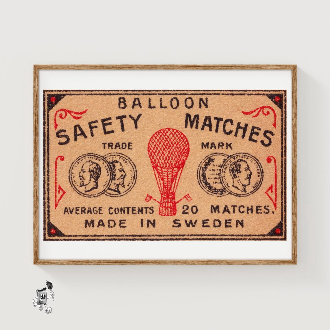 Red Hot Air Balloon Matchbox Wall Art Print, Swedish Vintage Folk Decor ...