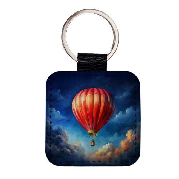 Red Hot Air Balloon in the Blue Sky Faux Leather Square Keychain