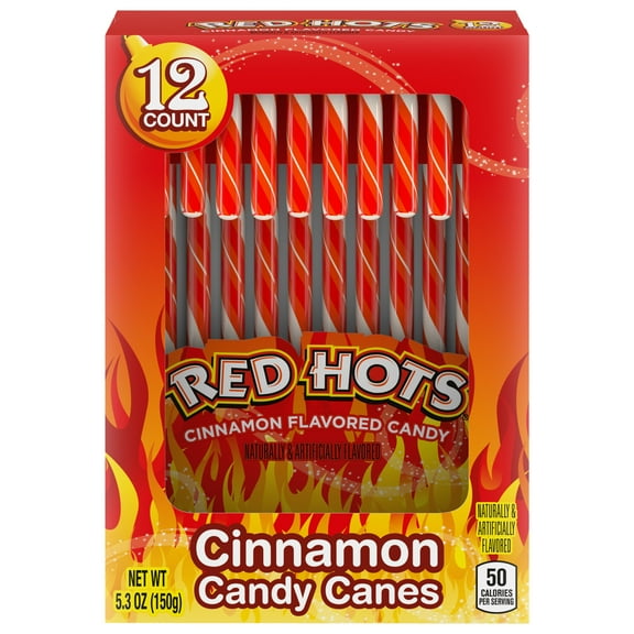 Red Hots Cinnamon Flavored Candy Canes, Christmas Candy, 5.3oz, 12 Count