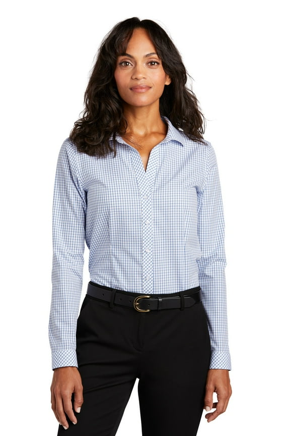Adult Female Women Checked Long Sleeves Shirt Medium Blue/Wh 3X-Large