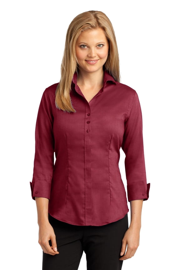 Ladies 3/4 Sleeve Nailhead Non Iron Shirt-S (Deep Red)