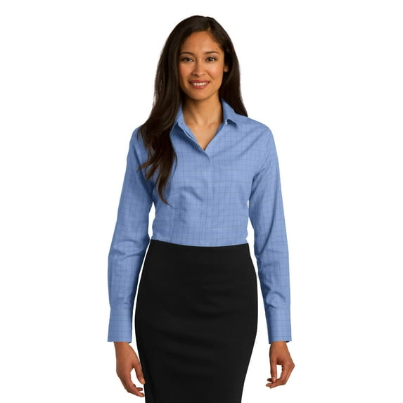 Red House Ladies Windowpane Plaid Non Iron Shirt-S (Blue)