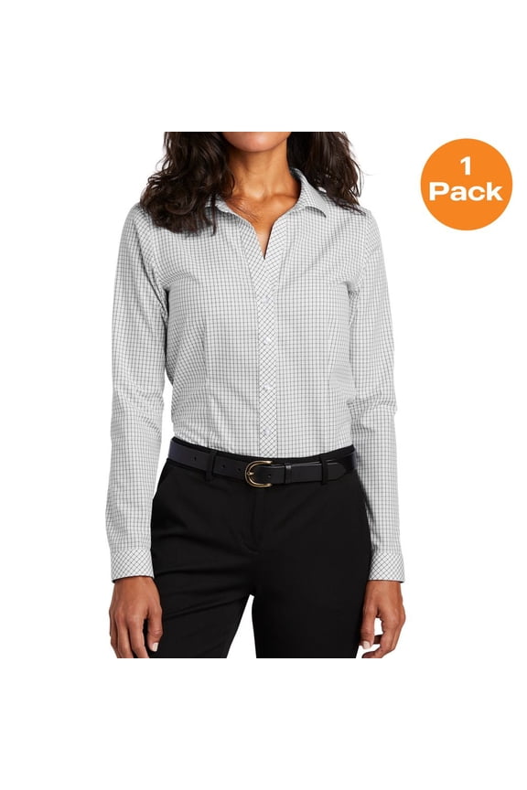 RH86 Ladies Open Ground Check Non Iron Shirt, Grey/ White, S, Womens Button Down Shirts