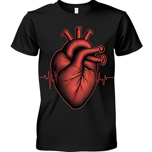 Red Human Heart Graphic Tee with EKG Line Black T-Shirt for Life Enthusiasts