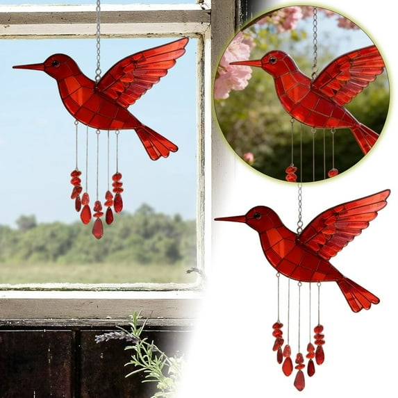 Red Hummingbird Acrylic Hanging Ornament – Window/Garden Decor (9.8in, Stained-Glass Style)