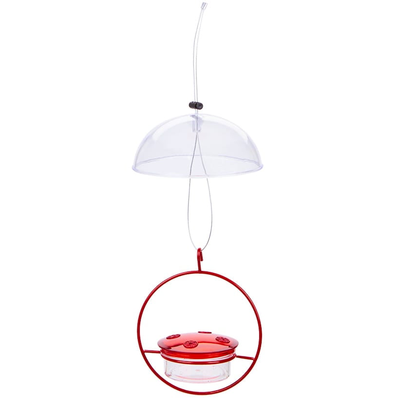 Red and Clear Hanging Metal and Plastic Hummingbird Feeder