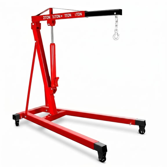 Red Hydraulic 2 Ton Engine Lift, 4 Position Adjustable Boom Steel Cherry Picker with 4 Casters for Workshop Warehouse Garage