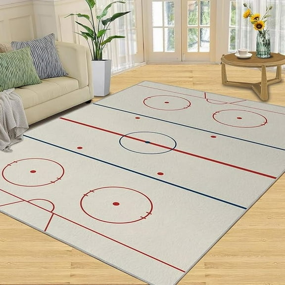 Red Ice Hockey Rink Area Rug, Retro Farmhouse Blue and Red Line Art Indoor Rug, Easy Care Machine Washable Carpet for Boys and Girls Bedroom Dormitory Decoration 2 x 3ft