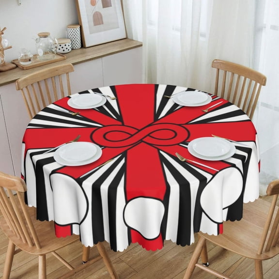 Red Infinity Stripe Fork Graphic Round Tablecloth Waterproof Oil-Proof Plastic Table Cloth Stain-Resistant Wipeable 60" for Camping, Dining, Indoor and Outdoor