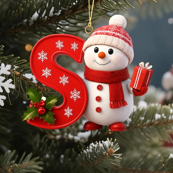 Red Initial Christmas Ornament for Tree 2D Acrylic Personalized Snowman Decorative Monogram Pendant, 26 Letters Christmas Hanging Decorations for DIY Crafts Xmas Home Decor， Letter S