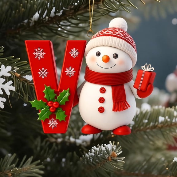 Red Initial Christmas Ornament for Tree 2D Acrylic Personalized Snowman Decorative Monogram Pendant, 26 Letters Christmas Hanging Decorations for DIY Crafts Xmas Home Decor， Letter V