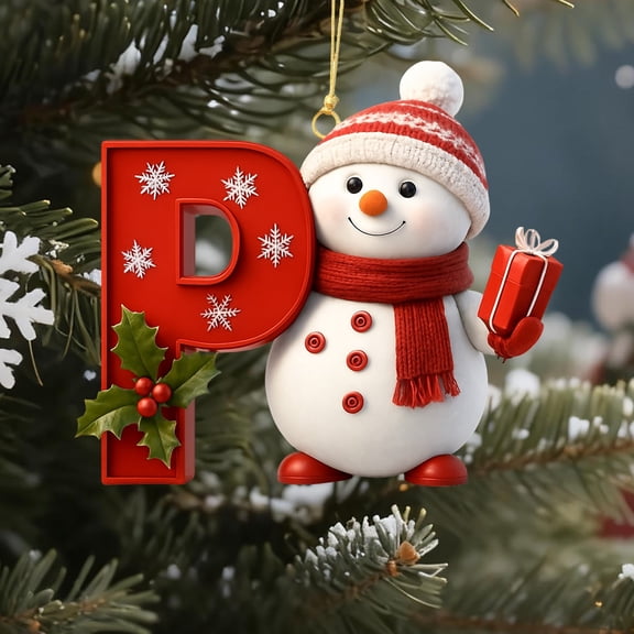 Red Initial Christmas Ornament for Tree 2D Acrylic Personalized Snowman Decorative Monogram Pendant, 26 Letters Christmas Hanging Decorations for DIY Crafts Xmas Home Decor， Letter P