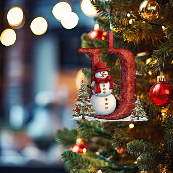 Red Initial Christmas Ornament for Tree 2D Acrylic Personalized Snowman Decorative Monogram Pendant, 26 Letters Christmas Hanging Decorations for DIY Crafts Xmas Home Decor， Letter U