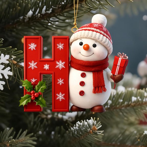 Red Initial Christmas Ornament for Tree 2D Acrylic Personalized Snowman Decorative Monogram Pendant, 26 Letters Christmas Hanging Decorations for DIY Crafts Xmas Home Decor， Letter H