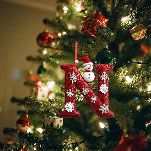 Red Initial Christmas Ornament for Tree 2D Acrylic Personalized Snowman Decorative Monogram Pendant, 26 Letters Christmas Hanging Decorations for DIY Crafts Xmas Home Decor， Letter N