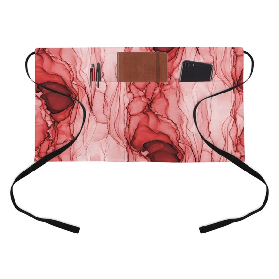 Red Ink Marble Kitchen Restaurant Half Waist Apron, Coastal Nautical Water Ripples Abstract Server Short Apron with 3 Pockets Waterproof Oil Waist Aprons for Women Waitress Waiter